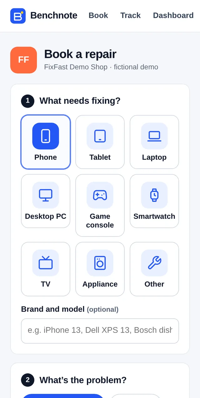 Screenshot of the booking page on a phone: device picker with Phone, Tablet, Laptop and more