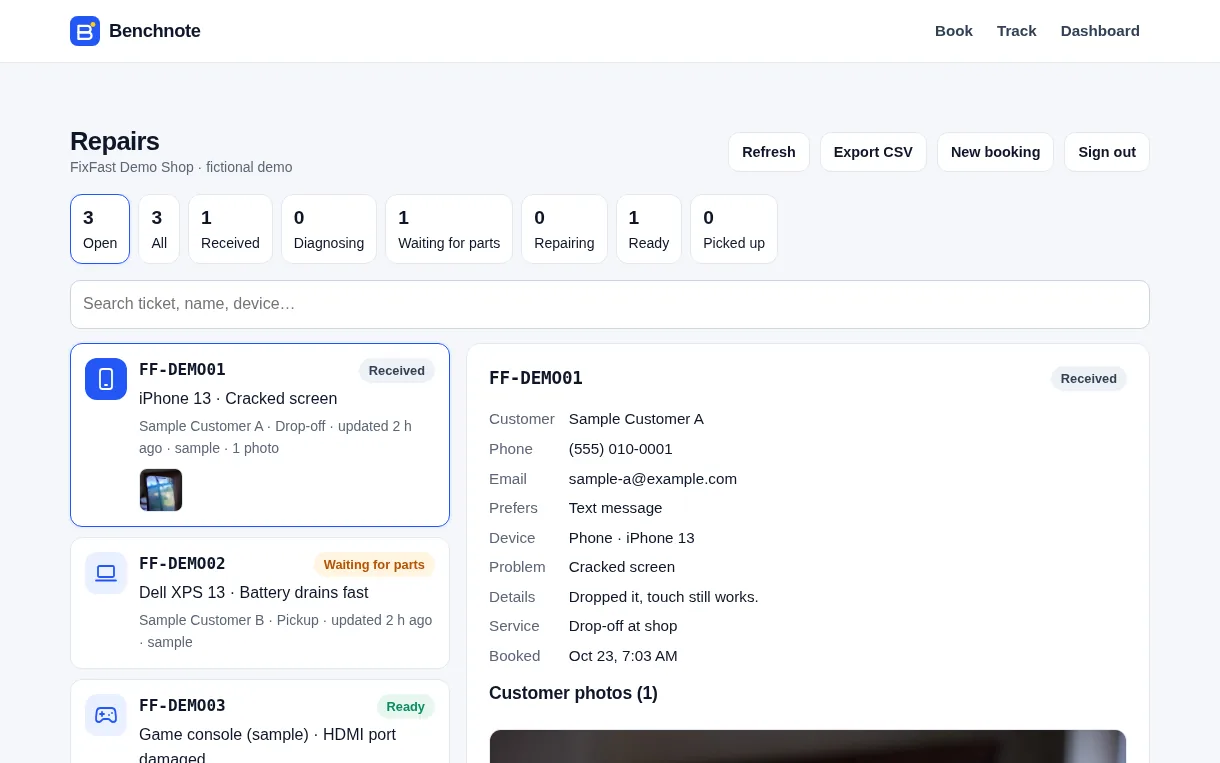 Screenshot of the Benchnote shop dashboard: a list of repair tickets with device icons and a customer photo, and the open ticket with status buttons