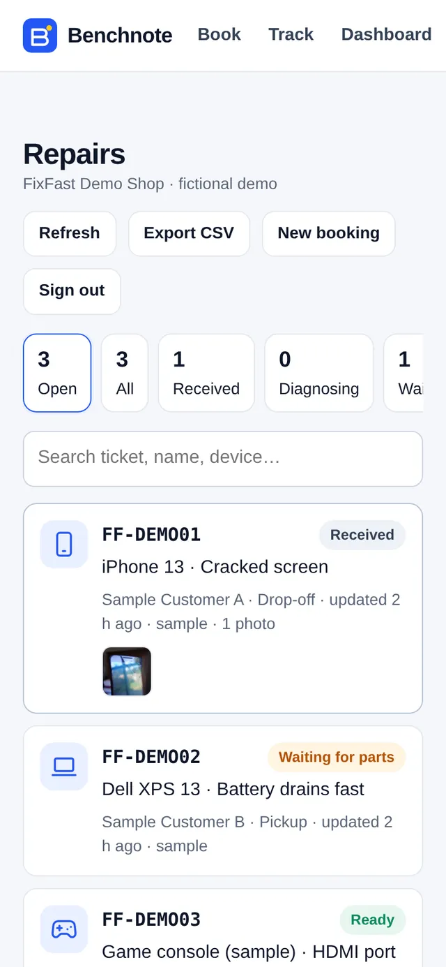 Screenshot of the shop dashboard on a phone: repair tickets with device icons, status pills and a photo thumbnail