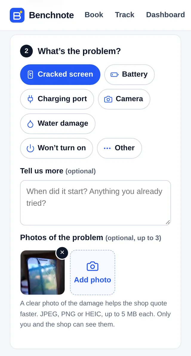 Screenshot of the booking page on a phone: problem chips with icons and a photo of a cracked screen attached