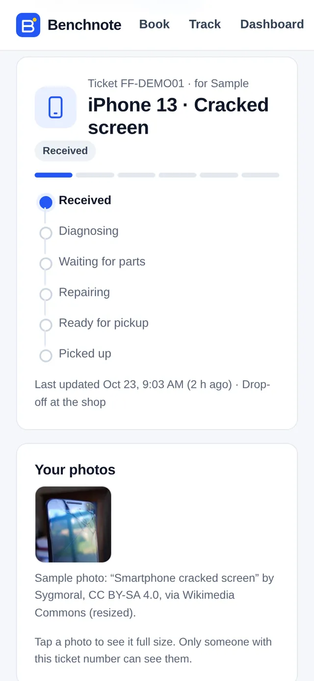 Screenshot of the tracking page on a phone: status Received, progress steps and the customer’s photo